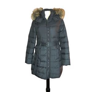 Abercrombie & Fitch, long puffer coat, size Medium, dark gray, faux fur trim